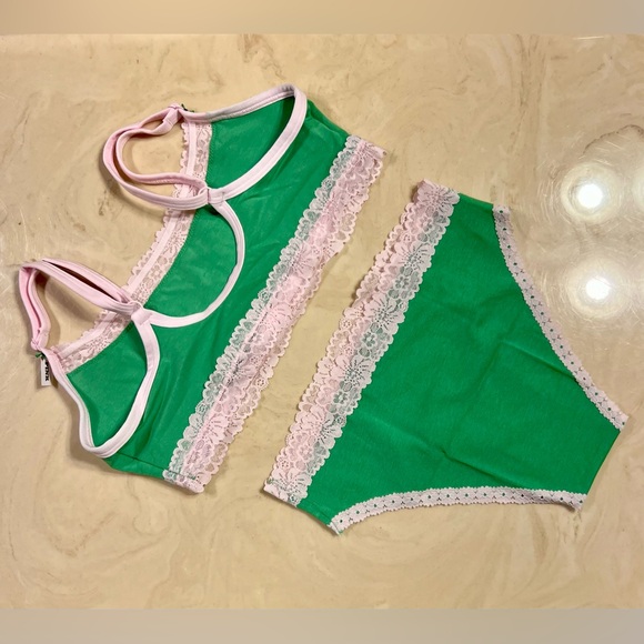 🍀VS PINK Cotton Lace Trim Scoop Bralette & Cheeky Panty Wild Green GOOD LUCK M/L - Picture 11 of 16